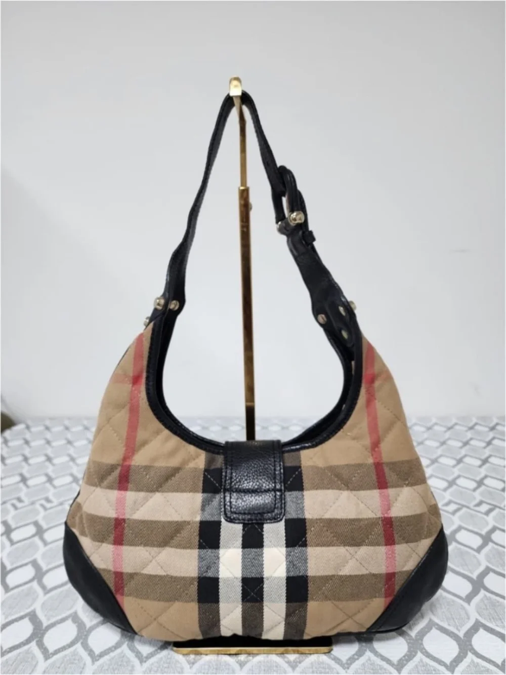 Authentic Burberry Quilted House Check Canvas and Leather Brooke Hobo Bag Beige/
